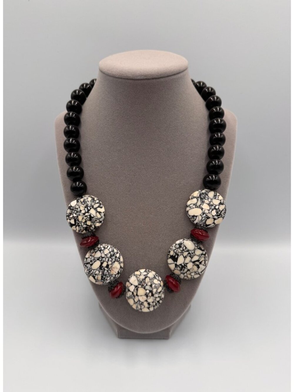 Vintage Black Glass Composite Disc Red Glass Statement Necklace 19”
